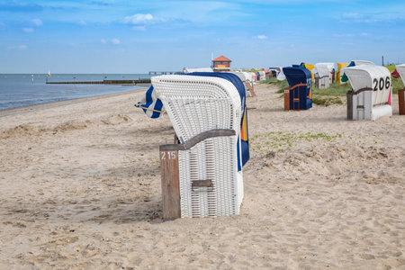 Beach with beach chairs at Hooksiel, Lower Saxony, Germanyのeditorial素材