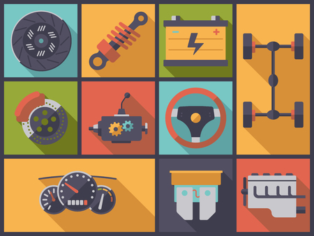 Horizontal flat design long shadow illustration with motor vehicle parts symbolsのイラスト素材