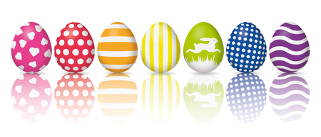 Holiday banner, cColorful easter eggs with white patterns reflected on white backgroundのイラスト素材