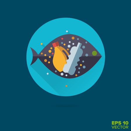 Microplastics in fish flat design long shadow vector iconのイラスト素材