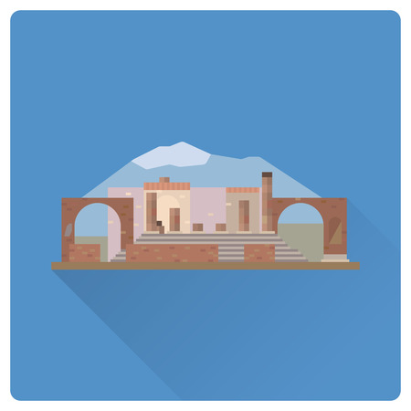Flat design long shadow vector icon of Pompeii ruins and Mount Vesuvius at Italyのイラスト素材