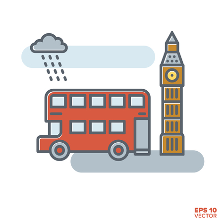 London red double decker bus and Big Ben filled line icon vector illustrationのイラスト素材