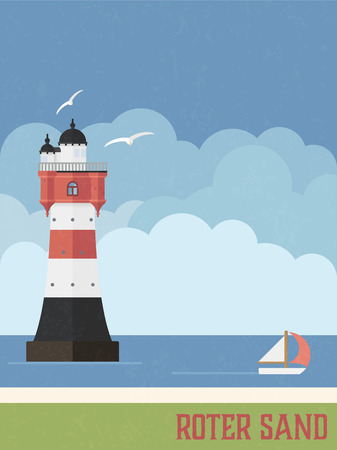 Roter Sand lighthouse in the North Sea retro styled poster vector illustrationのイラスト素材