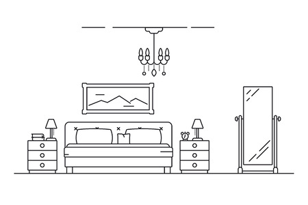 Bedroom interior line art vector illustration with bed, nightstand, mirror and lampsのイラスト素材