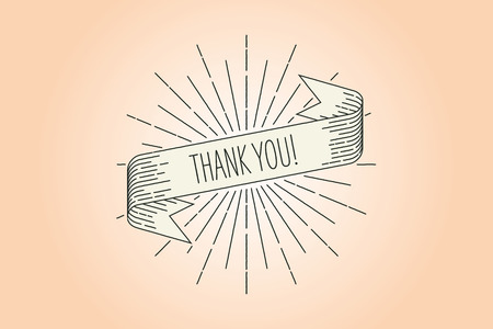 Thank you banner. Ribbon banner greeting card in vintage look with phrase thank you, engraving style graphic. Retro design element. Vector Illustration.のイラスト素材