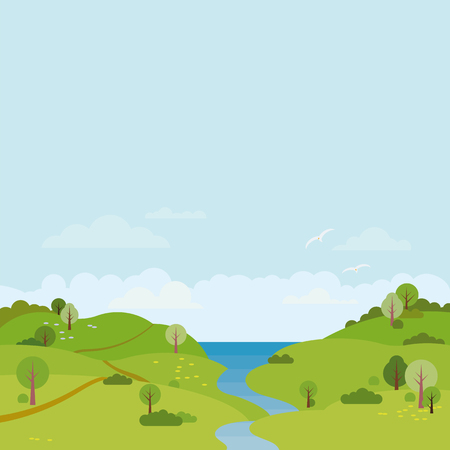 Coastal landscape with river flowing through rolling hills into the sea vector illustrationのイラスト素材