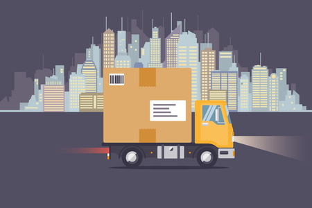 Overnight delivery truck with giant parcel driving along city skyline flat design vector illustrationのイラスト素材