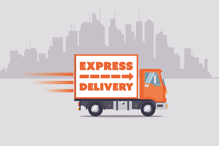 Express delivery truck driving along city skyline flat design vector illustrationのイラスト素材
