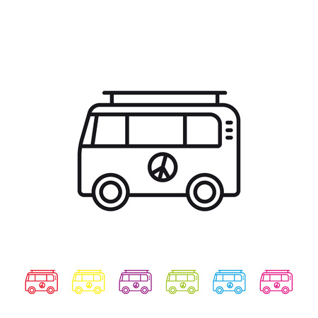 Hippie camper van line icon. Sixties lifestyle symbol in black and six colors.のイラスト素材