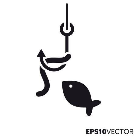 Worm on hook and fish solid black icon. Glyph symbol of fishing and angling. Outdoor living flat vector illustration.のイラスト素材