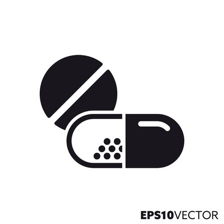 Pill and capsule solid black icon. Glyph symbol of medicine and pharmaceuticals. Health care flat vector illustration.のイラスト素材