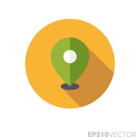 Marker flat design round icon. Color symbol of location and navigation. Long shadow vector illustration in a circle isolated on white background.のイラスト素材