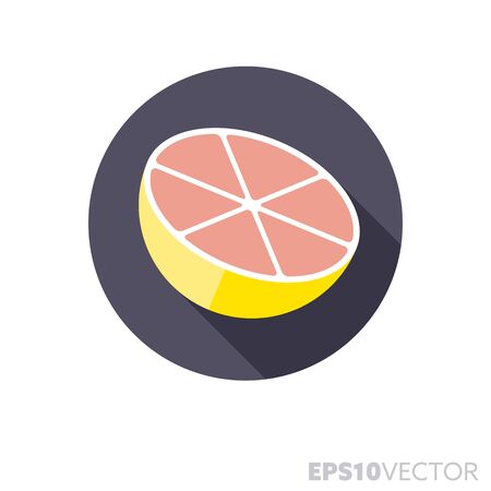 Halved pink grapefruit flat design round icon. Color symbol of fresh citrus fruit  and healthy eating. Long shadow vector illustration in a circle isolated on white background.のイラスト素材
