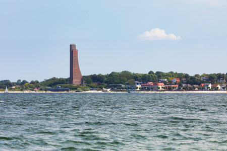 Beach of Laboe on Kiel Bay with Naval Memorial and Submarine 995, view from the waterのeditorial素材