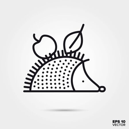 Hedgehog carrying apple and leaf in its spikes outline style vector. Fall season and nature symbol. Cute animal illustration.のイラスト素材