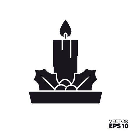 Christmas candle with holly leaves icon. Symbol of Christmas holidays. Seasonal ornament flat vector illustration.のイラスト素材