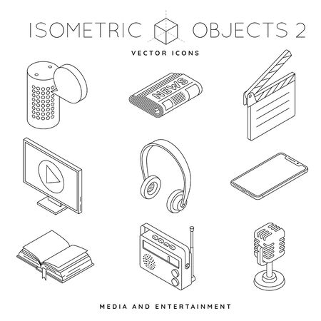 Collection of isometric outline icons of media and electronic equipment like smart speaker, microphone, radio or flatscreen TV set. Entertainment industry concept vector illustrationのイラスト素材