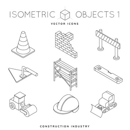 Collection of isometric outline icons of construction equipment and tools like steam roller, hard hat, traffic cone and scaffolding. Construction industry concept vector illustrationのイラスト素材