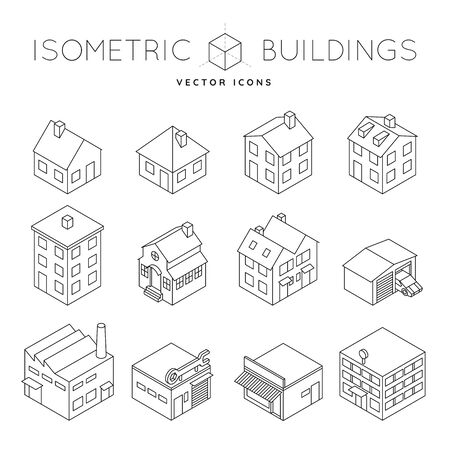 Collection of issometric outline icons of a variety of priveate and commercial buildings like detached house, office buiding, factory, tenement. Architecture and real estate concept vector illustrationのイラスト素材