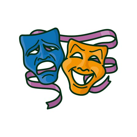 Theatre Masks for tragedy and comedy. Isolated vector illustration for Theater Day on March 27. Tragedy and comedy mask symbols.の写真素材