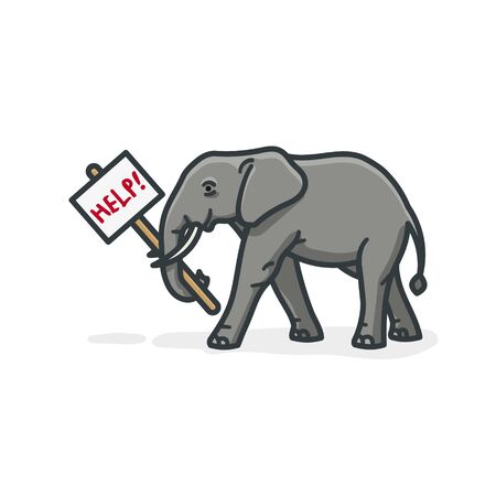 African elephant holding help sign isolated vector illustration for Save The ElepHant Day on April 16th. Endangered species symbol.のイラスト素材