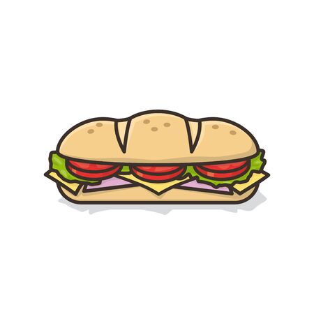 Hoagie or sub with tomato, lettuce, ham, and cheese isolated vector illustration for Hoagie Day on May 5th. Take-away food color symbol.のイラスト素材