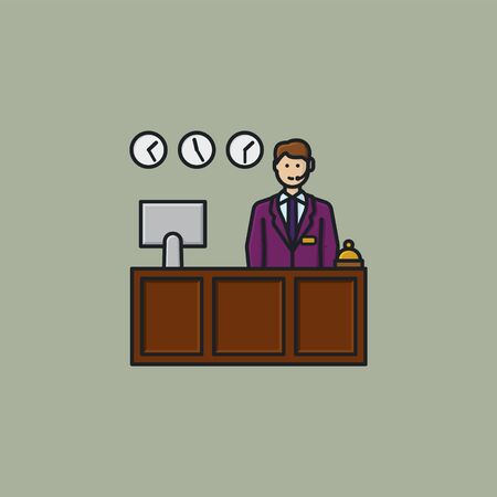Receptionist behind desk vector illustration for Receptionists Day on May 13th. Friendly and helpful desk clerk with service bell, computer monitor and clocks.のイラスト素材