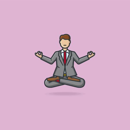 Businessman cartoon character levitating while practicing meditation in yoga lotus pose with crossed legs and Gyan mudra gesture vector illustration for World Meditation Day on May 31st.のイラスト素材
