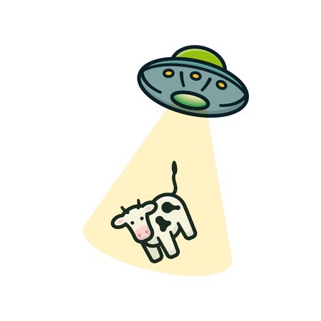 UFO abducting a cow cartoon isolated vector illustration for World UFO Day on June 24th. Flying saucer with cow in transporter beam.のイラスト素材