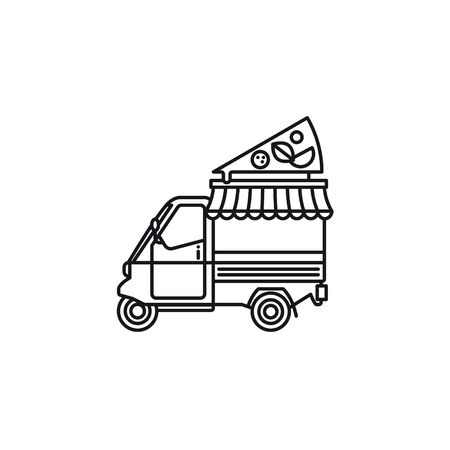 Small italian pizza food truck tricycle vector line icon. Take-away food outline symbol.のイラスト素材