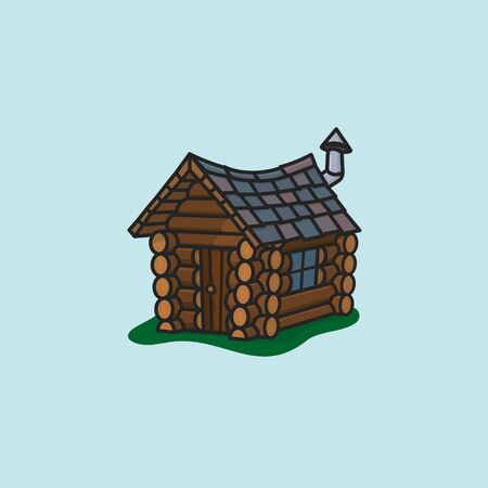 Small crooked log cabin vector illustration for Log Cabin Day . Wooden shack color symbol.のイラスト素材