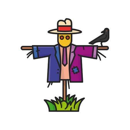 Scarecrow with crow on arm isolated vector illustration for Build A Scarecrow Day on July 5th.のイラスト素材