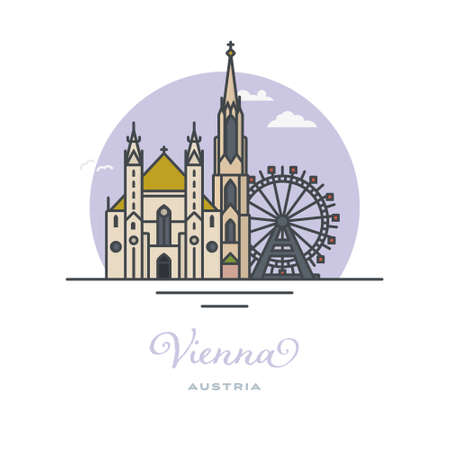 Saint Stephens Cathedral and Prater ferris wheel, Vienna, flat vector illustration. Tourism and travel icon.のイラスト素材