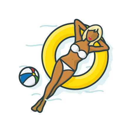 Tanned girl relaxing on float in pool vector illustration for Swimming Pool Day on July 11. Isolated summer and relaxation symbol.のイラスト素材