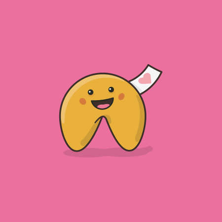 Cute Kawaii fortune cookie with valentine symbol on message slip vector illustration for Fortune Cookie Day on July 20th. Japanese pop culture symbol.のイラスト素材