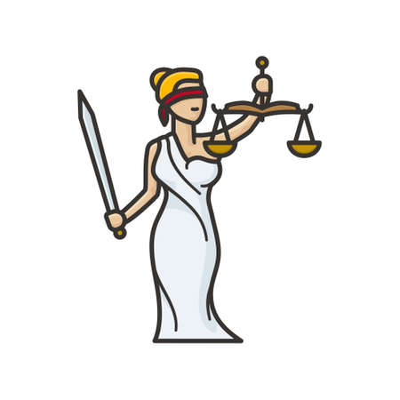 Lady Justice or Themis Femida, blindfolded with beam balance and sword, isolated cartoon character vector illustration for World Day For International Justice on July 17.Legal services and law symbol.のイラスト素材
