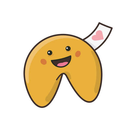 Cute Kawaii fortune cookie with valentine symbol on message slip isolated vector illustration for Fortune Cookie Day on July 20th. Japanese pop culture symbol.のイラスト素材