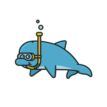 Funny Snorkeling Dolphin cartoon character isolated vector illustration for World Snorkeling Day on July 30th. Aquatic sports and underwater adventure symbol.のイラスト素材