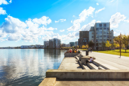 Aalborg, Denmark - September 1, 2020: Waterfront of Aalborg around Ã˜stre Havn quarter and...