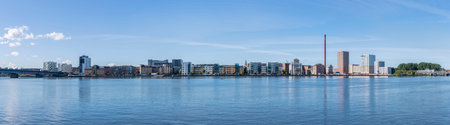 Panoramic view of the waterfront of the western city of Aalborg from Limfjordsbroen bridge to...