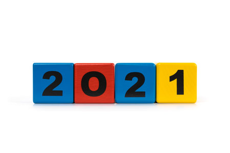 Year 2021 set with toy number blocks isolated on white background
