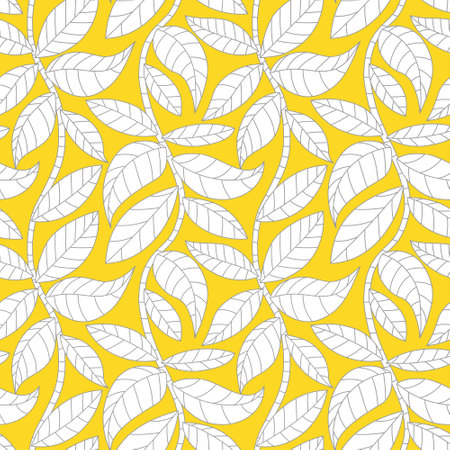 Seamless vector pattern with simple leaves on branches in ultimate gray and illuminating yellow. Vibrant nature wallpaper background.のイラスト素材
