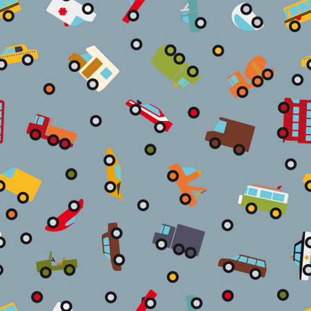 Seamless pattern with cars and trucks simple illustrations. Nursery room vector wallpaper.のイラスト素材