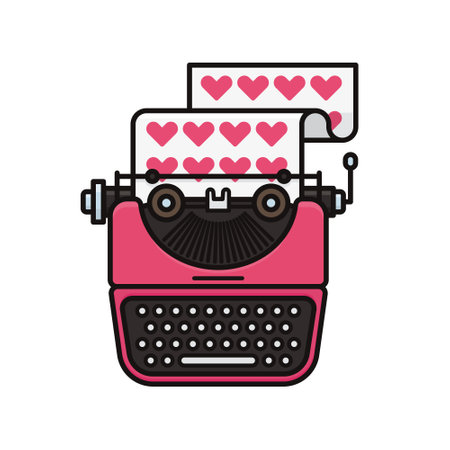 Vintage pink typewriter typing a loveletter or valentines day greetings isolated vector illustrationのイラスト素材