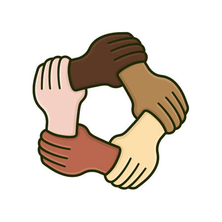 Five hands of different skin colors holding each others wrist isolated vector illustration for Multicultural Diversity Dayのイラスト素材