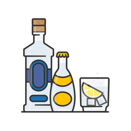 Bottles and mixed drink isolated vector illustration for Gin and Tonic Dayのイラスト素材