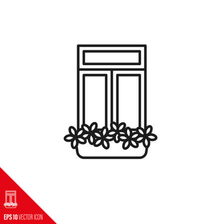 Window with blooming flowers in flower box vector line iconのイラスト素材