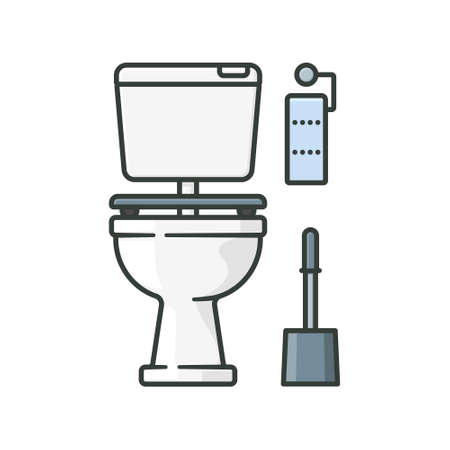 Toilet isolated vector illustration for World Toilet Day. Water closet, toilet paper and toilet brush. Household fixture symbol.のイラスト素材