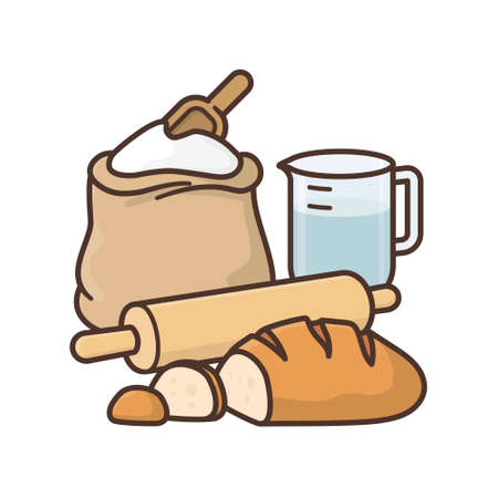 Homemade bread, bag of flour, rolling pin and measuring cup isolated vector illustration for #homemadebreadday on November 17.のイラスト素材