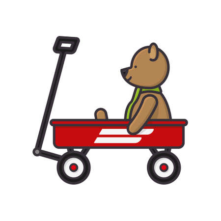 Teddy bear in little red wagon isolated vector illustration. Children's toys symbol.のイラスト素材